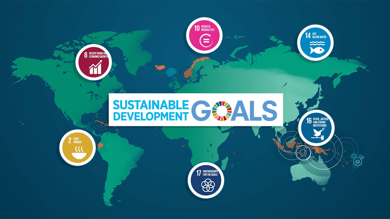 Animation still: the Sustainable Development Goals around a world map