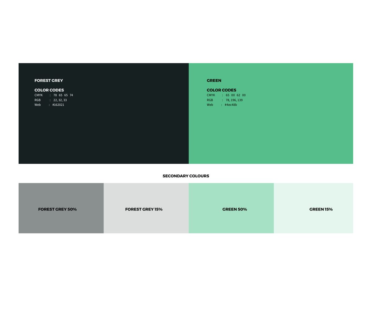 The LETA colour palette, forest grey and green with lighter tints