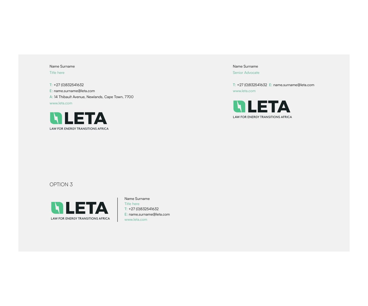 Three LETA email signature layouts