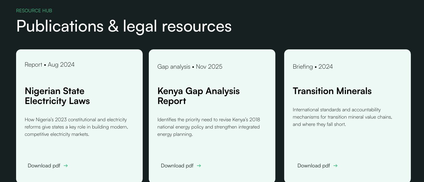 Resource Hub cards for reports, gap analyses and briefings, each with a PDF download
