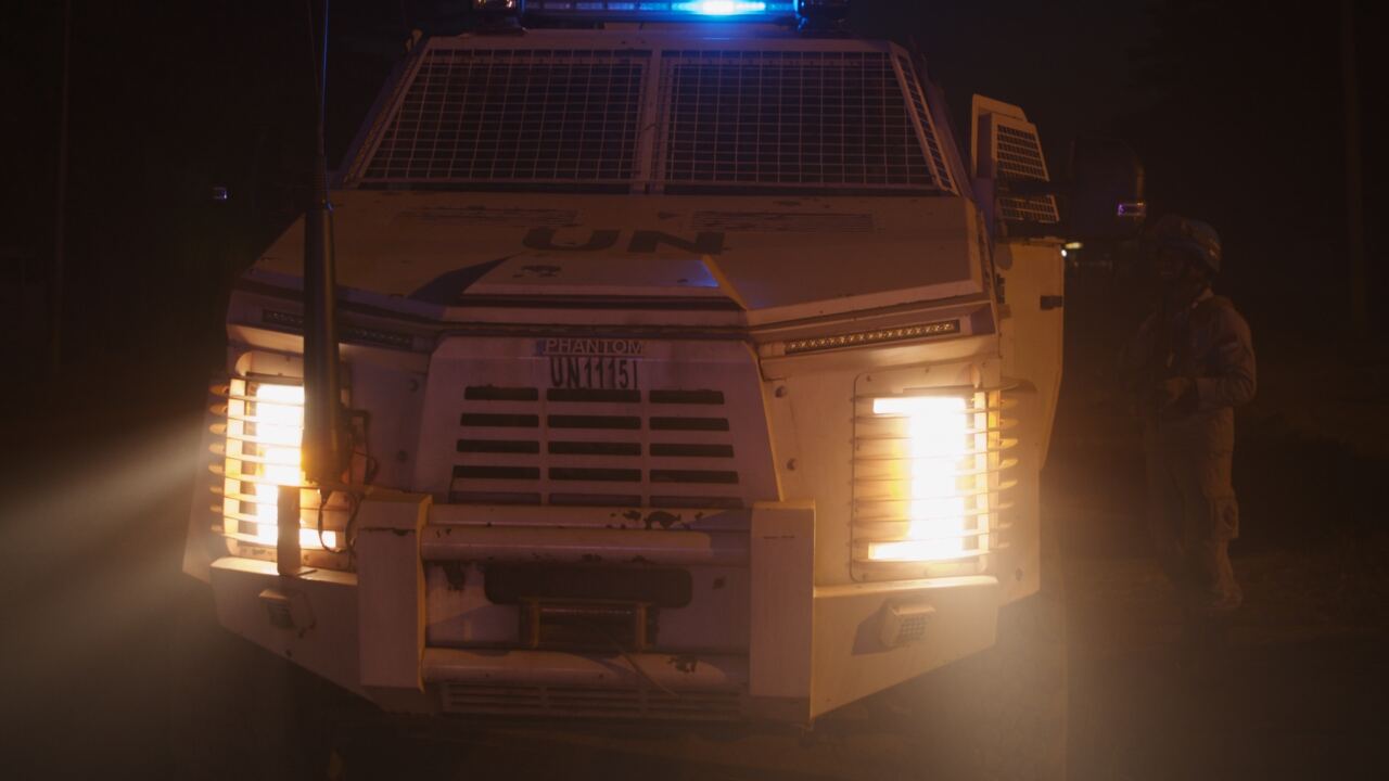 Close-up of a UN armoured vehicle at night
