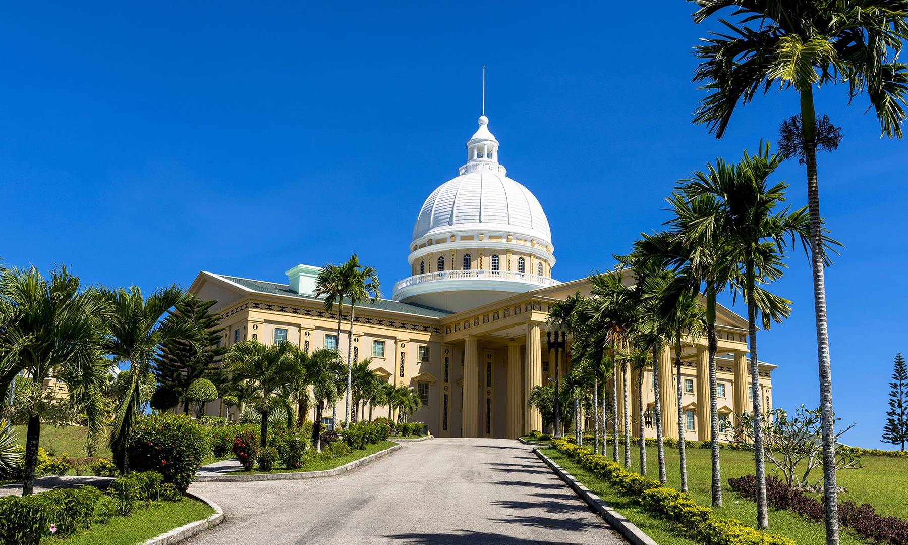 The dome of the Palau National Congress between palms