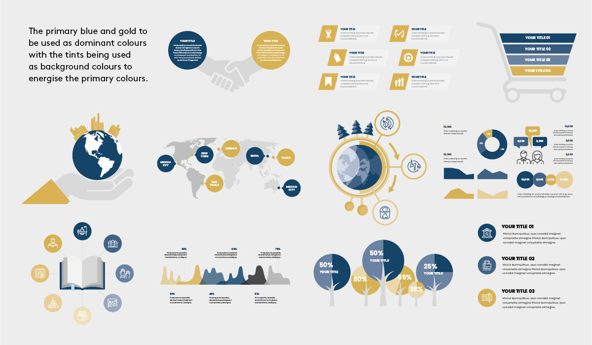 SAIIA infographic elements, icons, charts and maps in blue and gold