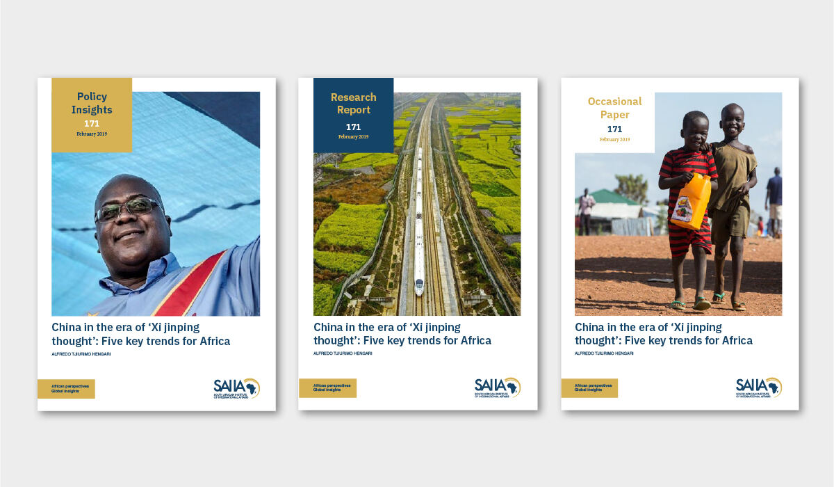 Three SAIIA publication covers for a policy insight, a research report and an occasional paper