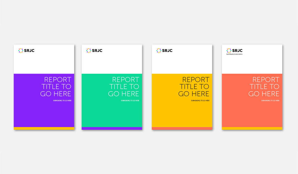 Four SRJC report covers in purple, green, yellow and coral