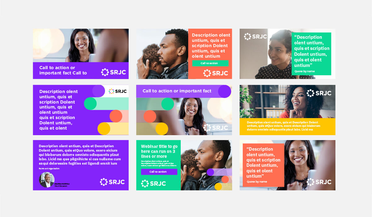 SRJC social media templates in purple, green, yellow and coral