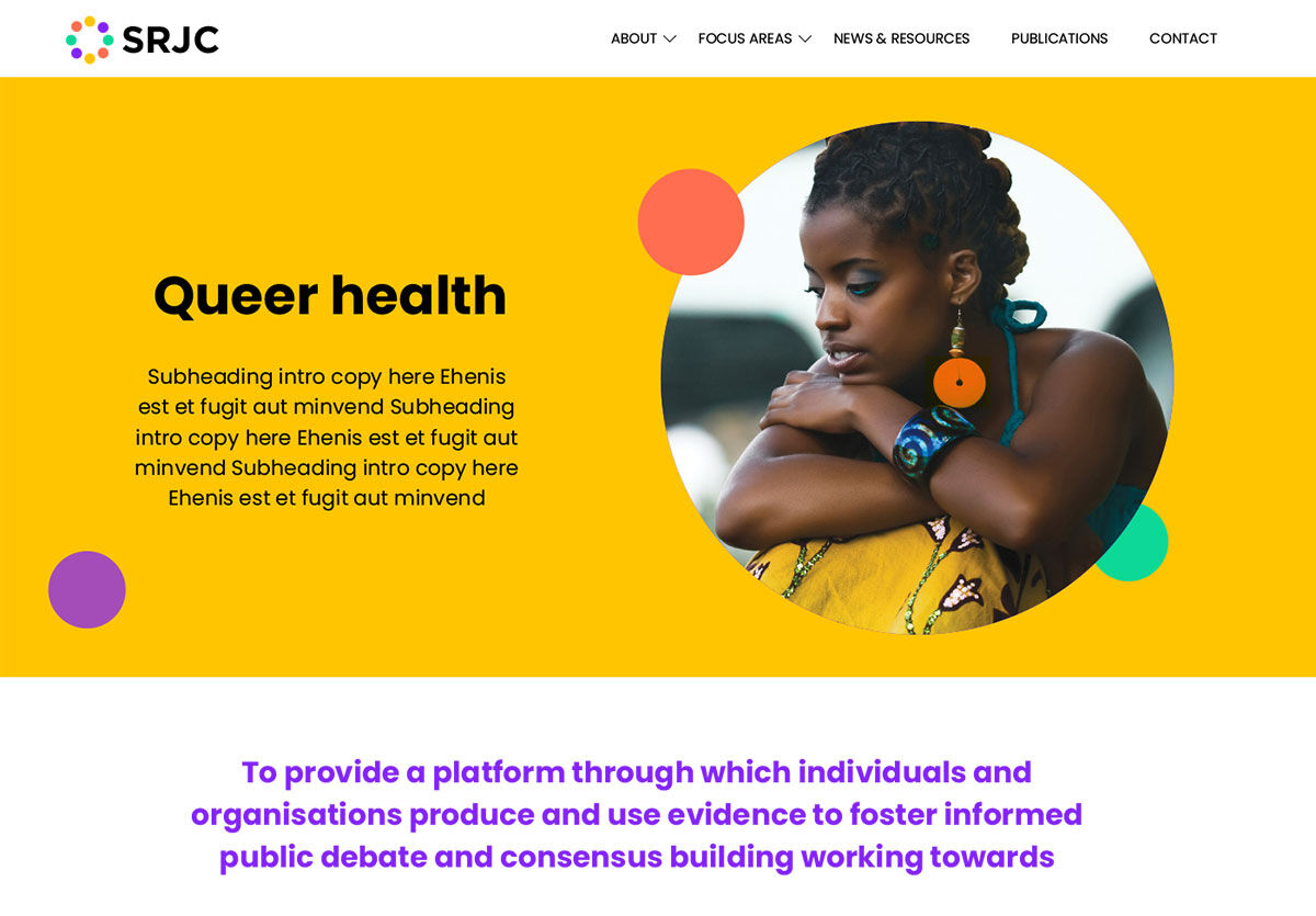 The Queer health page on the SRJC website, with a portrait in a yellow circle