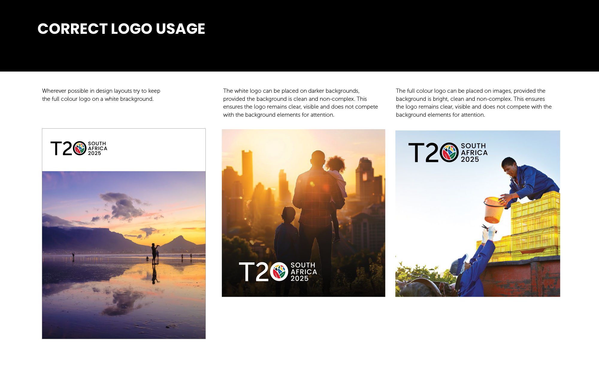 The T20 South Africa logo on white, on a dark photograph and on a bright photograph
