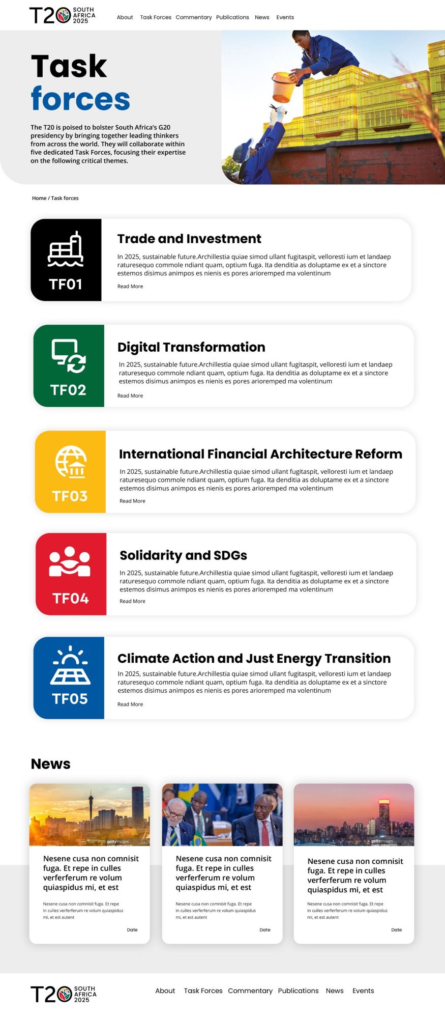 The Task forces page, with five colour-coded task forces