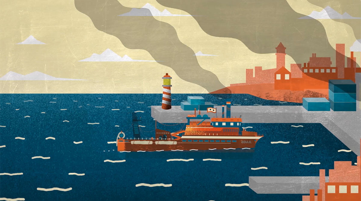 Animation still: a fishing vessel leaving a busy port