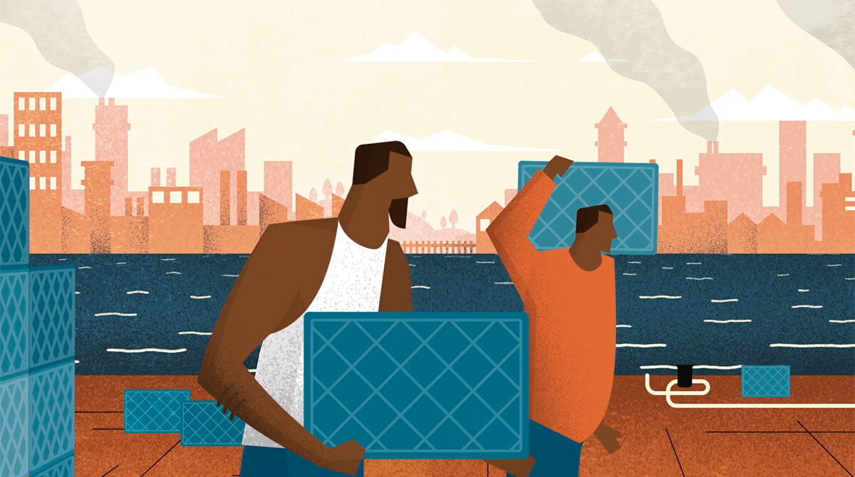 Animation still: dock workers carrying crates of fish in a busy harbour