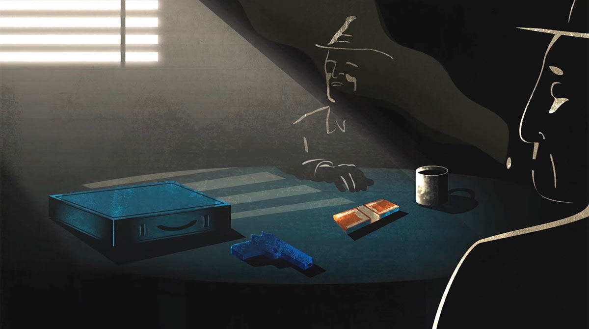 Animation still: a shadowy deal over a table with cash and a gun