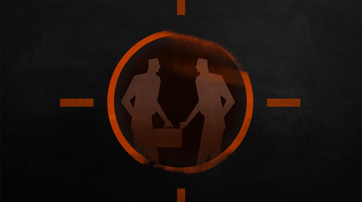 Animation still: two figures exchanging a briefcase inside a target