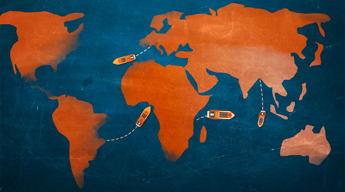 Animation still: fishing vessels crossing a world map between continents