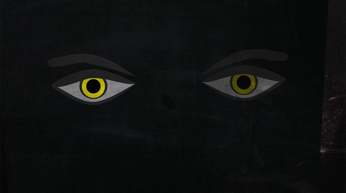 Animation still: watchful eyes in the dark