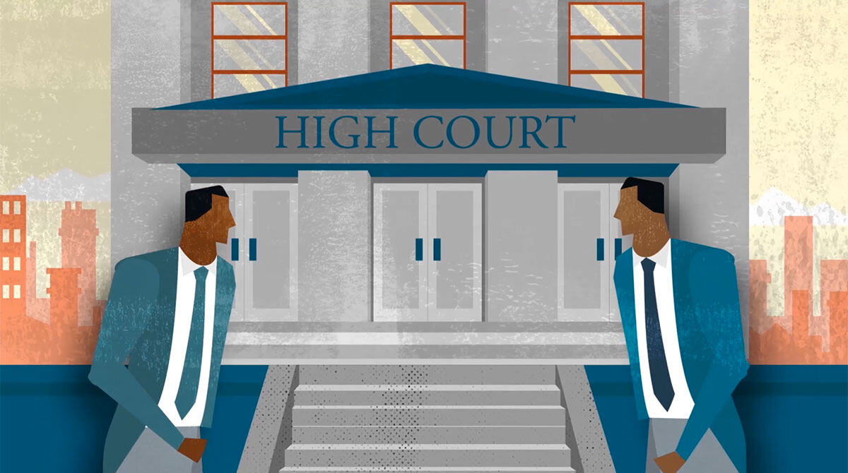Animation still: two lawyers outside the High Court