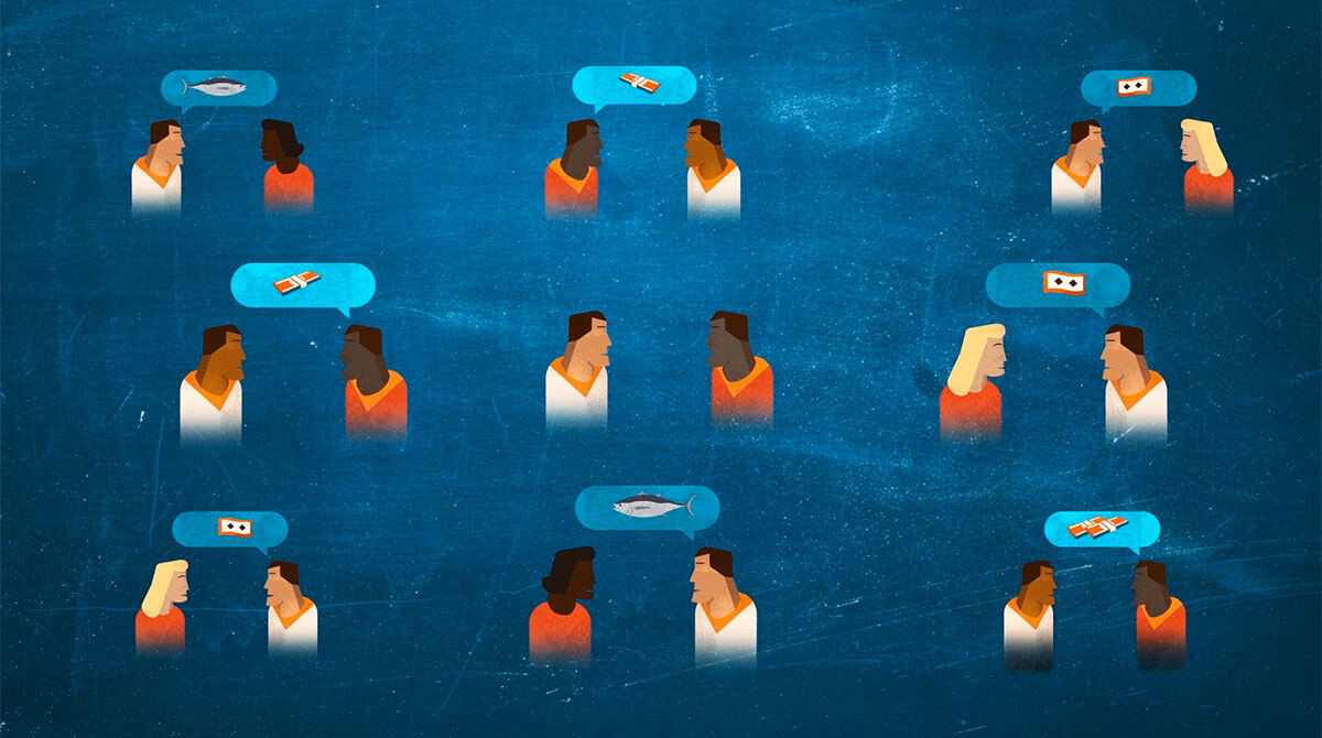 Animation still: a network of people trading fish and money