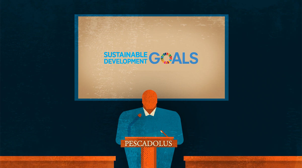 Animation still: a speaker at a PescaDOLUS podium in front of the Sustainable Development Goals